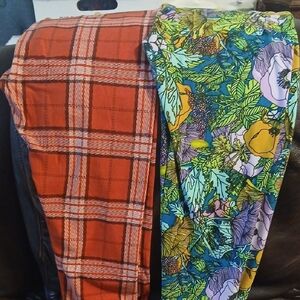 LuLaRoe Red Plaid Leggings and Multicolor Floral Leggings Duo